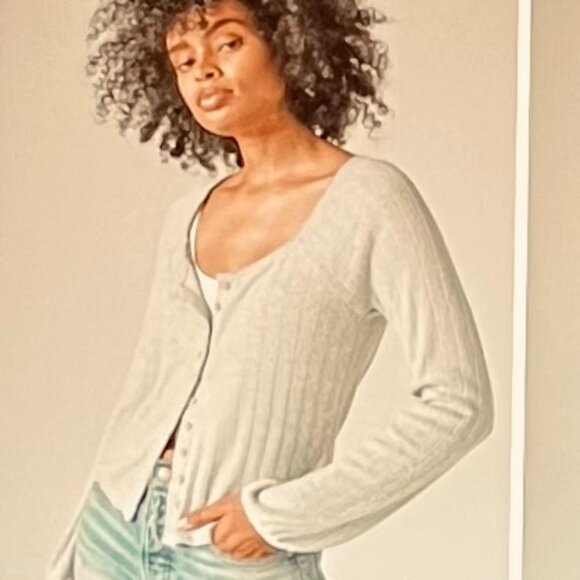 Lucky Brand Square Neck Pointelle Button Front Top in Gray (XS) New with Tag - Picture 3 of 15